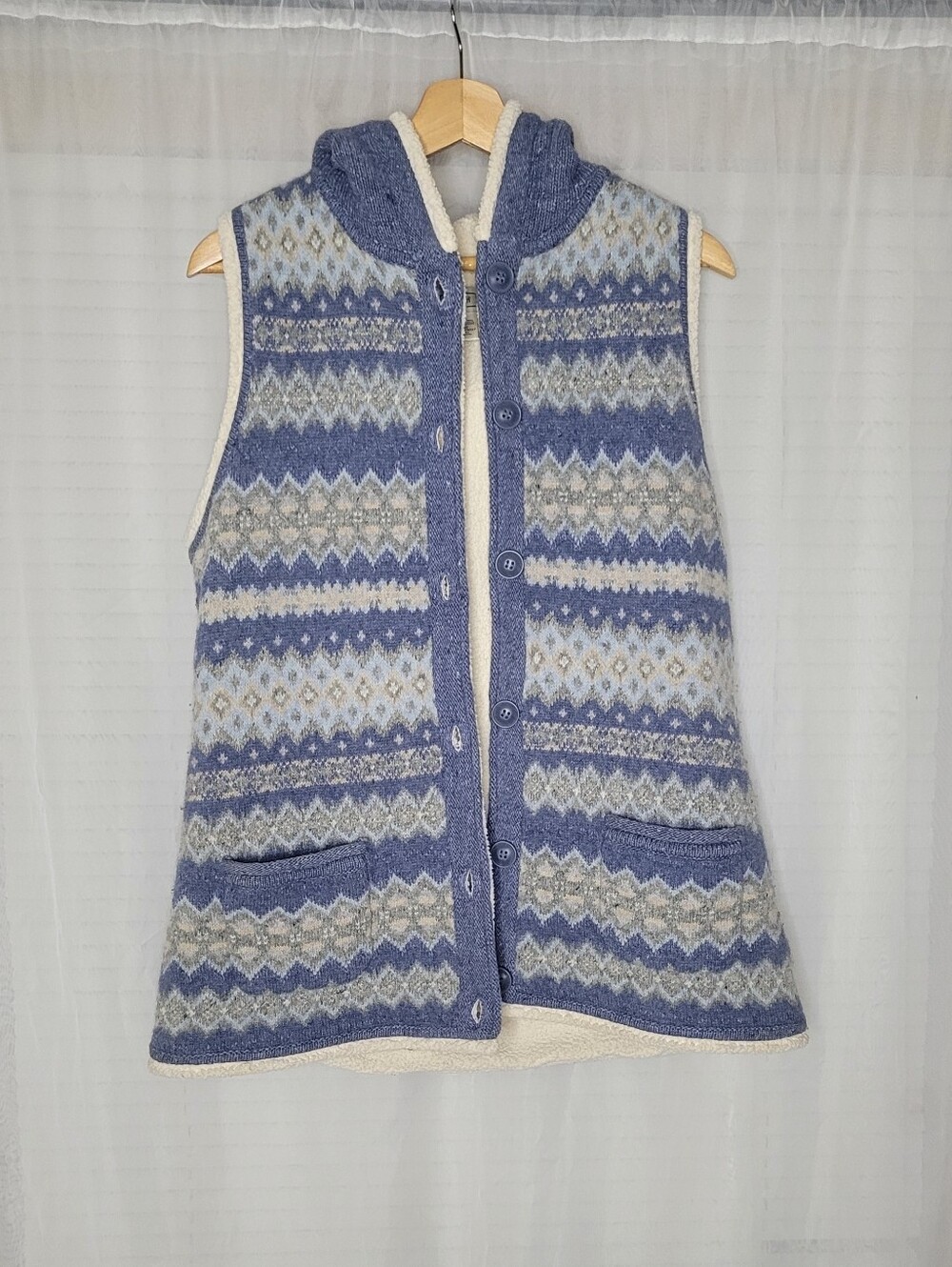 L.L. Bean Fair Isle Hooded Vest Medium Lambswool Rugged Granola Campcore Cozy